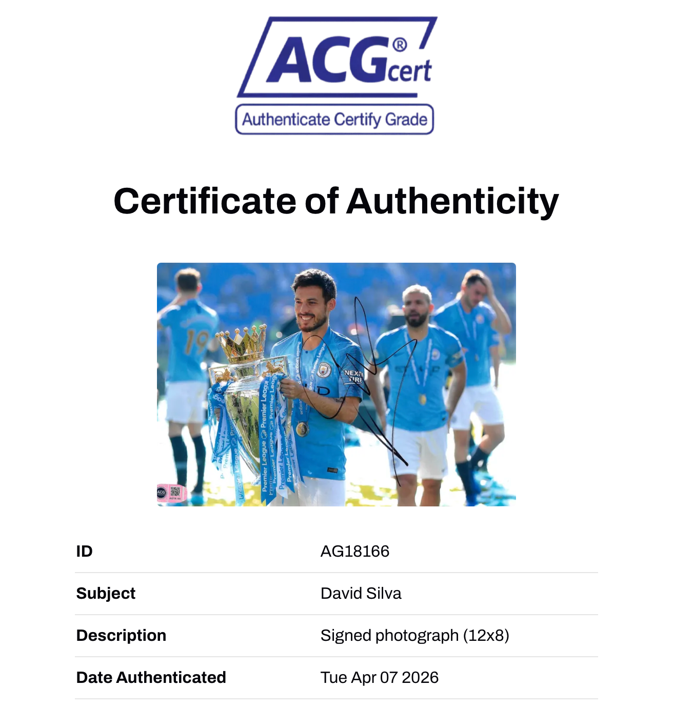 DAVID SILVA SIGNED MANCHESTER CITY CHAMPIONS 12X8 PHOTO (ACG CERT AG18166)