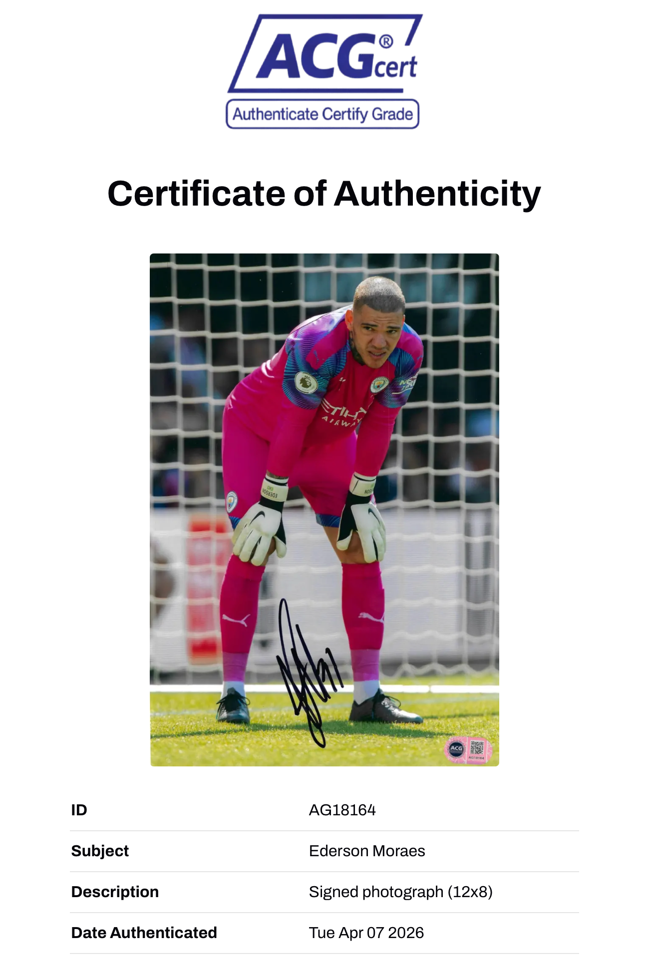 EDERSON SIGNED MANCHESTER CITY 12X8 PHOTO (ACG CERT AG18164)