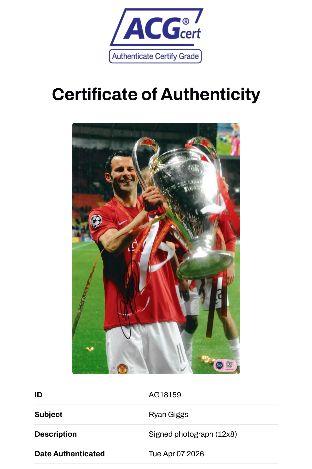 RYAN GIGGS SIGNED MANCHESTER UNITED MOSCOW 08 12x8 PHOTO (ACG CERT AG18159)
