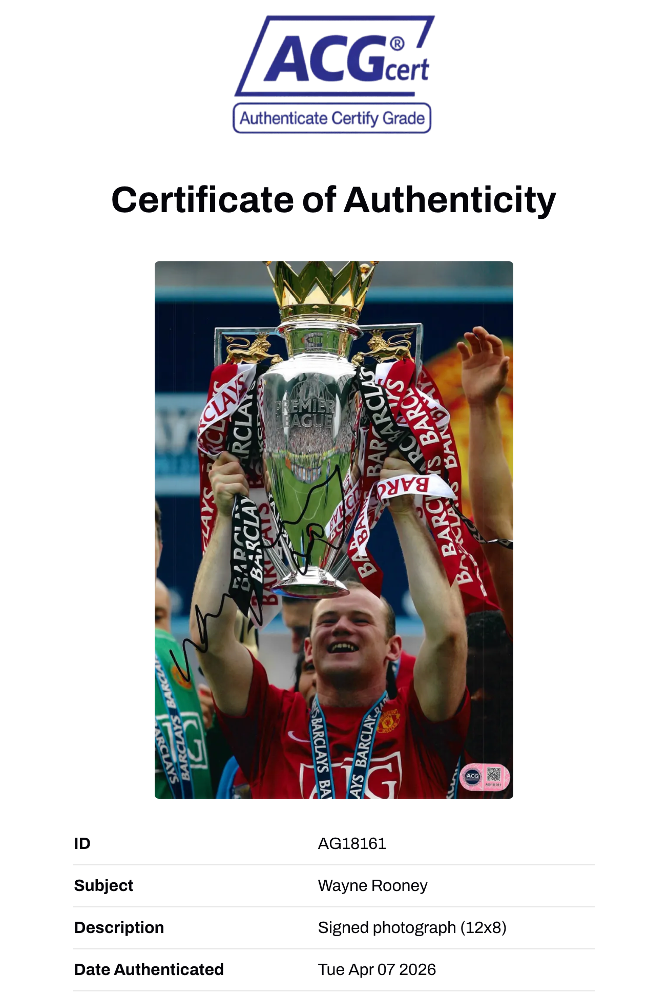 WAYNE ROONEY SIGNED MANCHESTER UNITED TROPHY 12x8 PHOTO (ACG CERT AG18161)