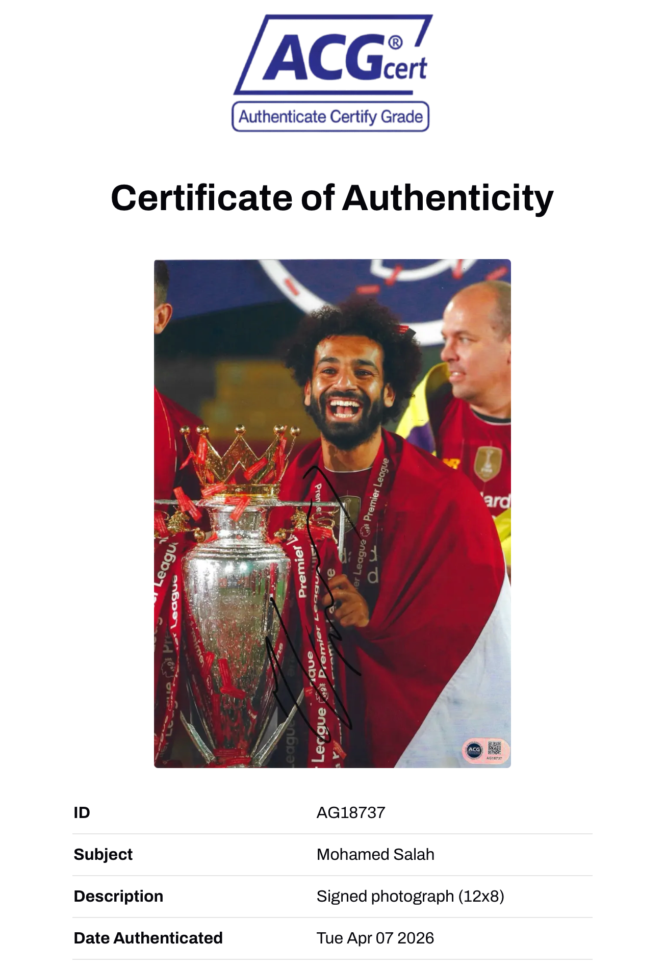 MOHAMED SALAH SIGNED LIVERPOOL LEAGUE WIN 12x8 PHOTO (ACG CERT AG18737)