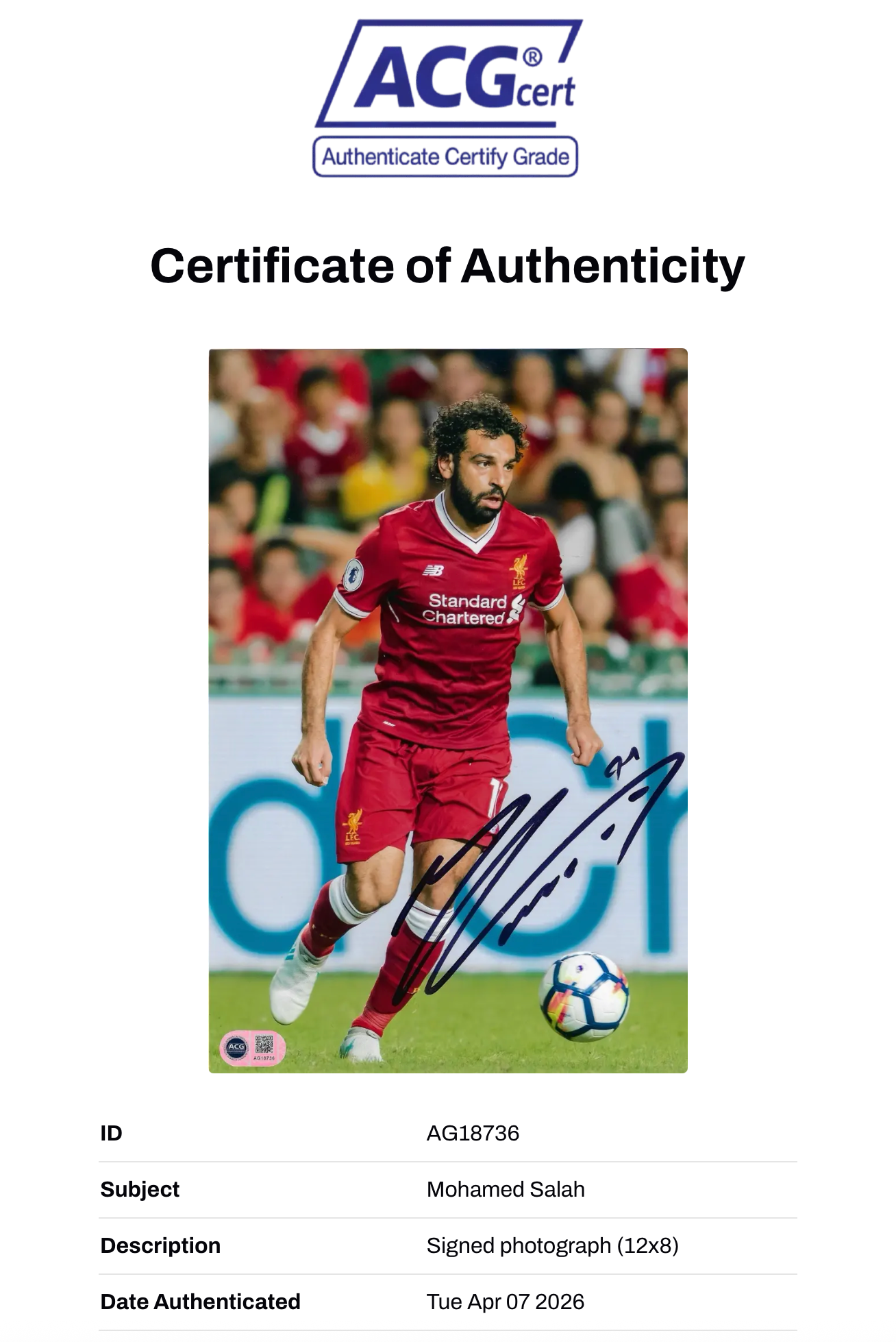 MOHAMED SALAH SIGNED LIVERPOOL FC LEGEND 12x8 PHOTO (ACG CERT AG18736)
