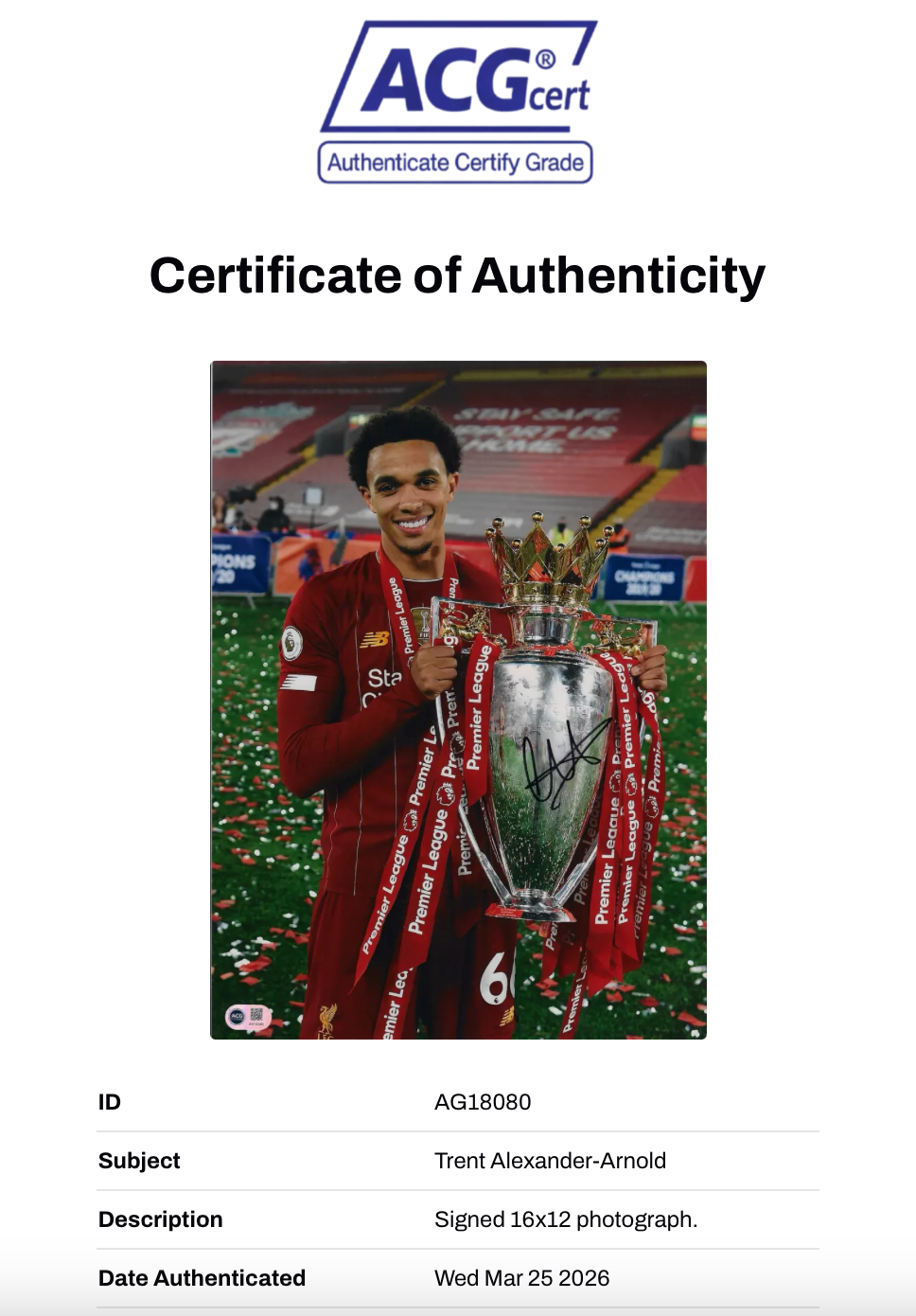 TRENT ALEXANDER ARNOLD SIGNED 16x12 PREM WINNERS PHOTO (ACG CERT AG18080)