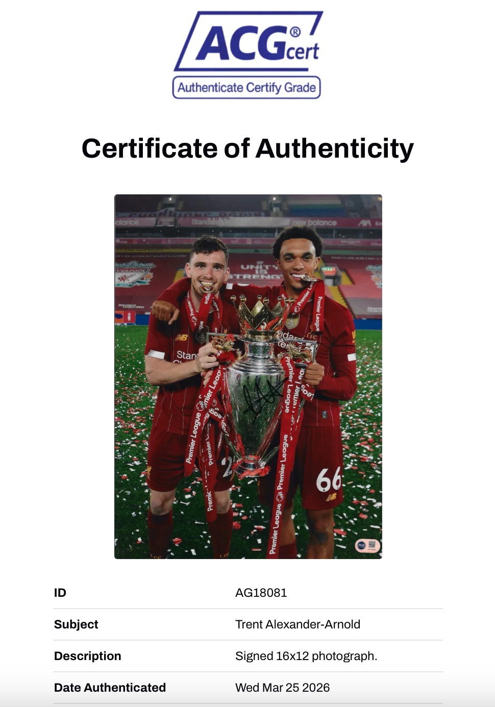 TRENT ALEXANDER ARNOLD SIGNED 16x12 PREM WINNERS PHOTO (ACG CERT AG18081)
