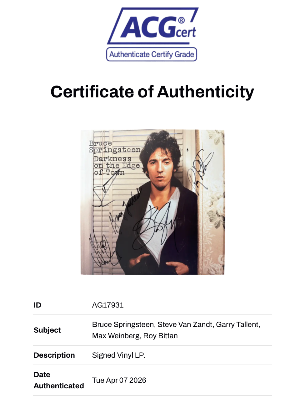 BRUCE SPRINGSTEEN & E STREET BAND SIGNED DARKNESS ON EDGE OF TOWN VINYL (ACG CERT AG17931)