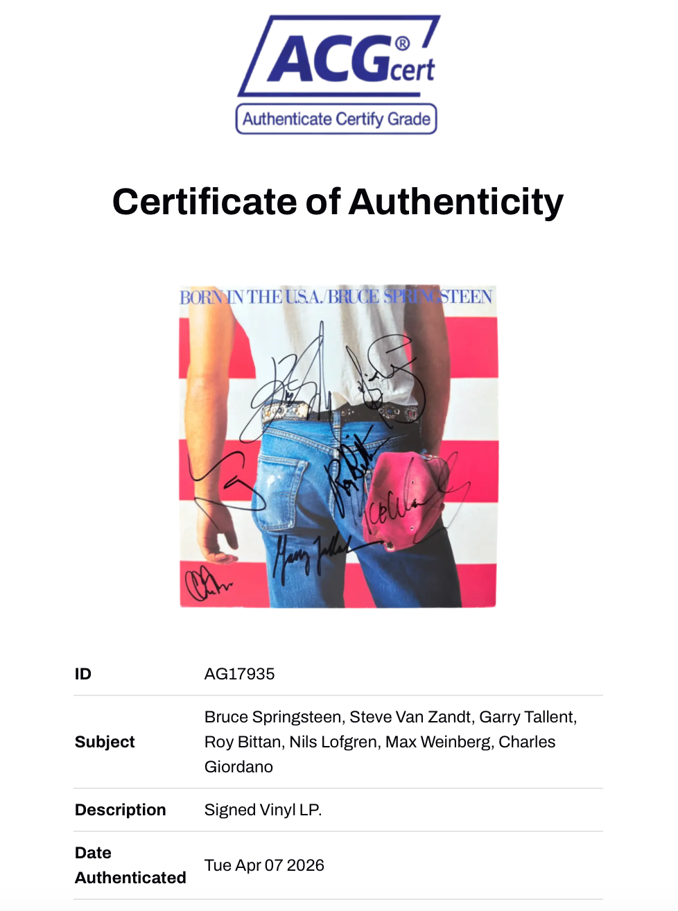 BRUCE SPRINGSTEEN & E STREET BAND SIGNED BORN IN THE USA LP (ACG CERT AG17935)