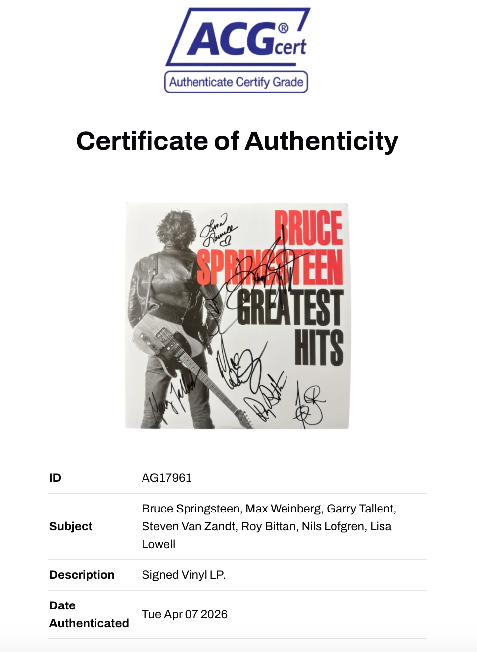 BRUCE SPRINGSTEEN & E-STREET BAND SIGNED GREATEST HITS VINYL LP (ACG CERT AG17961)