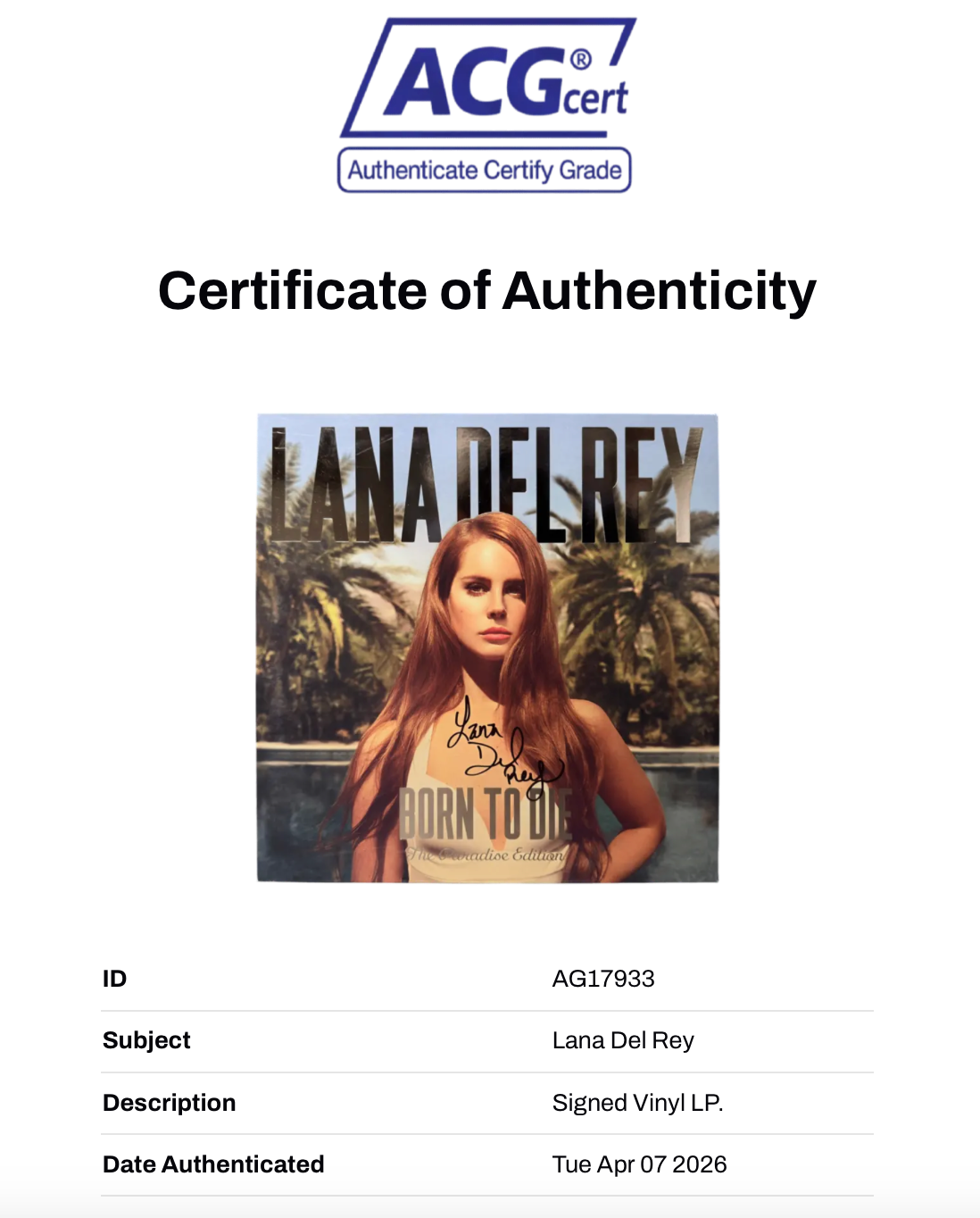 LANA DEL REY SIGNED BORN TO DIE PARADISE EDITION VINYL LP (ACG CERT AG17933)