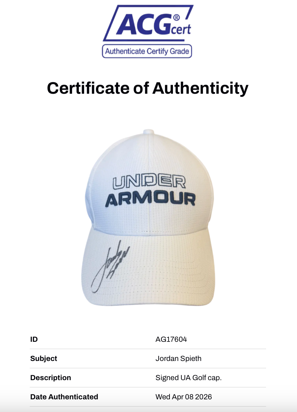 JORDAN SPIETH SIGNED UNDER ARMOUR GOLF OFFICIAL WHITE CAP (ACG CERT AG17604)-2