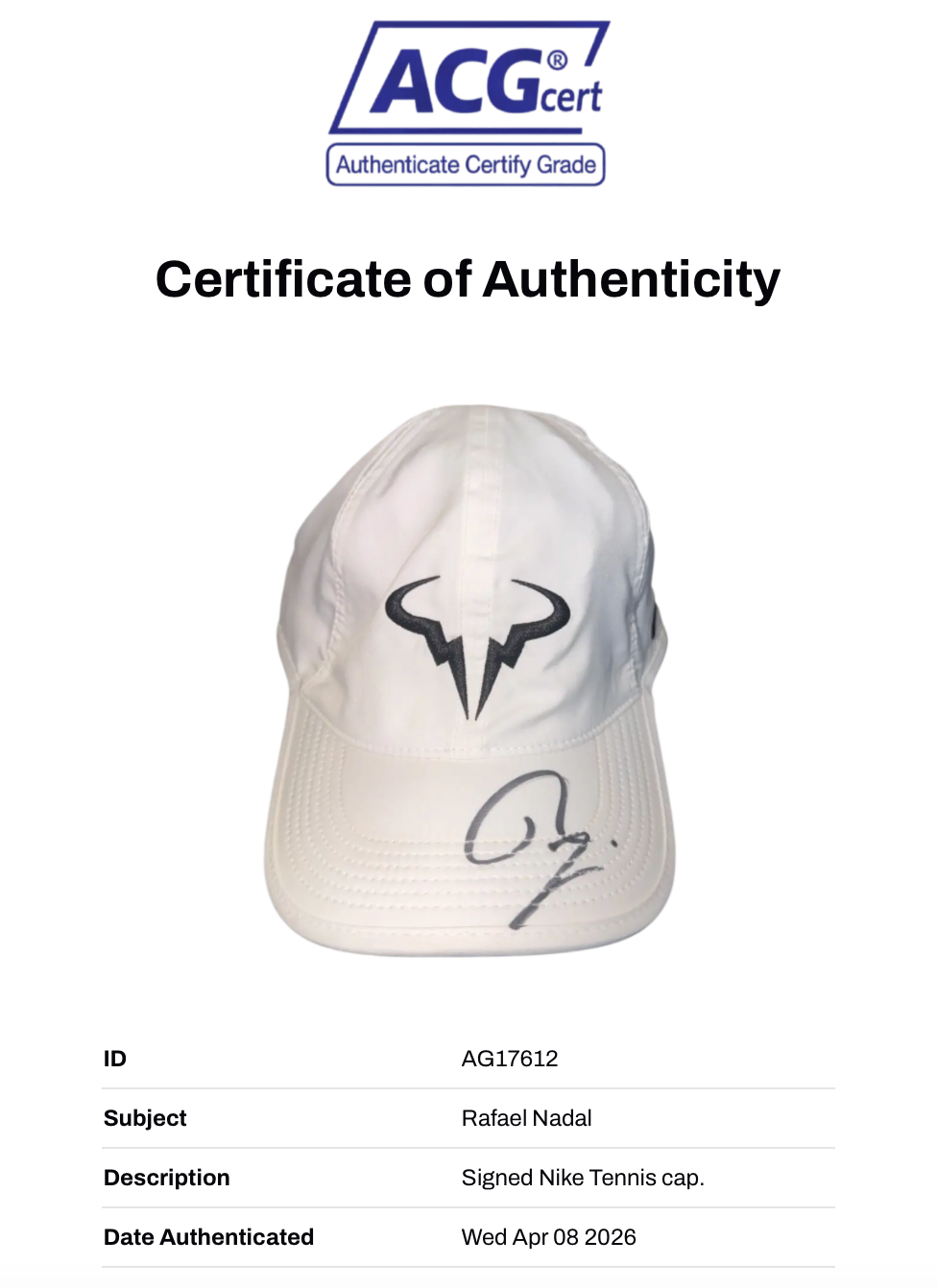 RAFAEL NADAL SIGNED WHITE NADAL NIKE TENNIS CAP (ACG CERT AG17612)