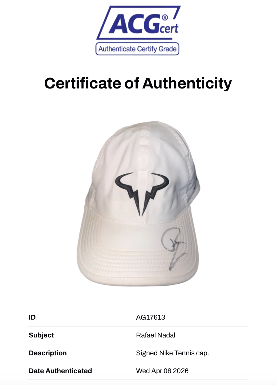 RAFAEL NADAL SIGNED WHITE NADAL NIKE TENNIS CAP (ACG CERT AG17613)