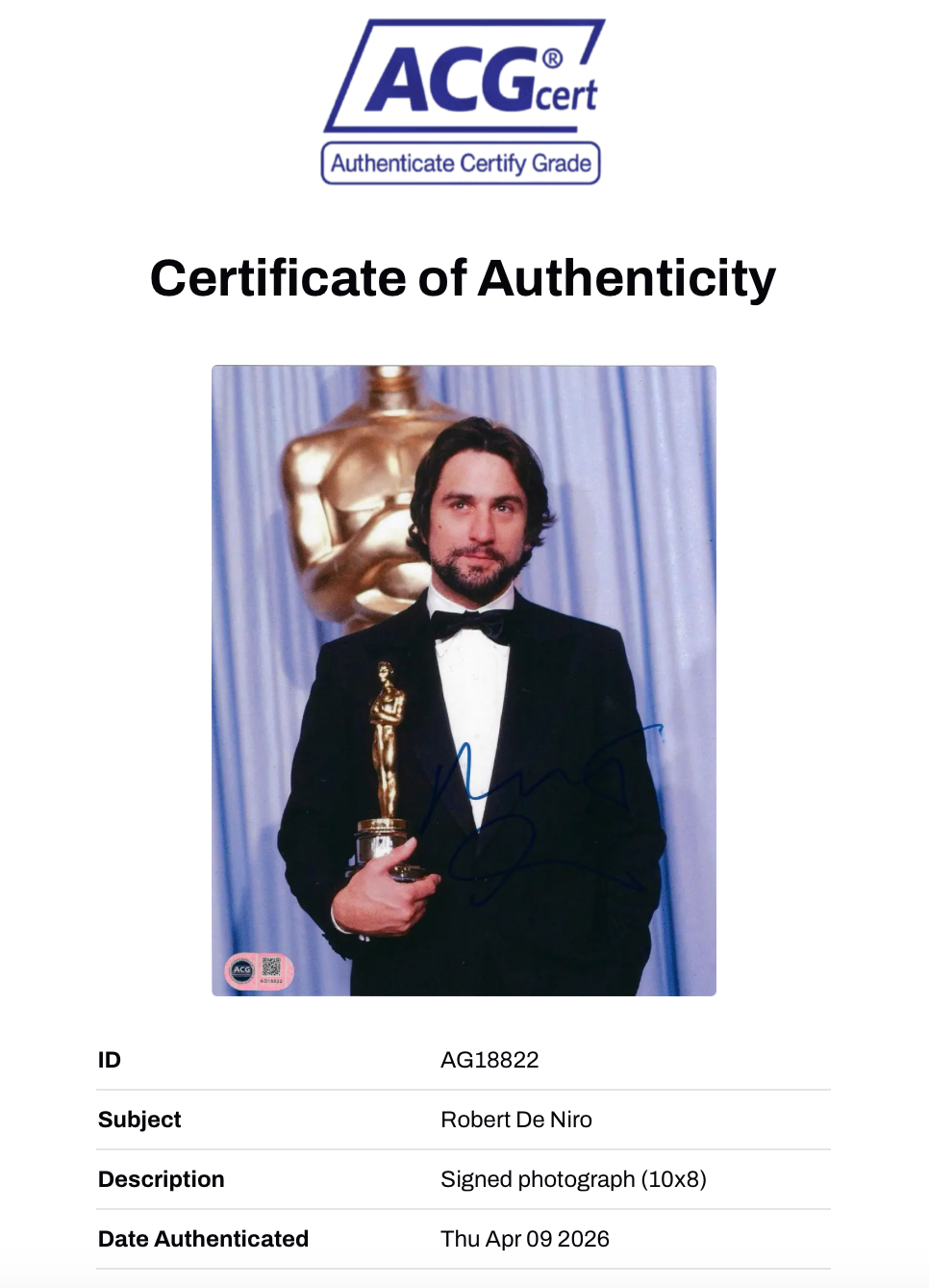 ROBERT DE NIRO SIGNED OSCAR WINNER 10X8 PHOTO (ACG CERT AG18822)-2