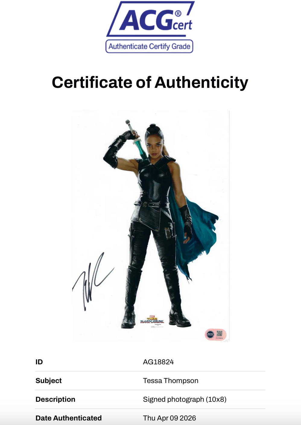 TESSA THOMPSON SIGNED VALKYRIE THOR RAGNAROK 12x8 PHOTO (ACG CERT AG18824)-2