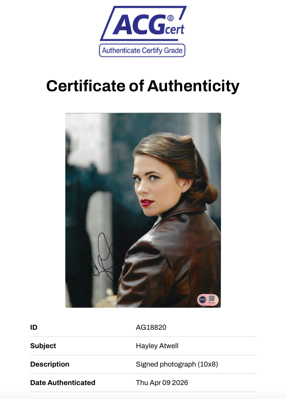 HAYLEY ATWELL CAPTAIN AMERICA SIGNED 10x8 PHOTO (ACG CERT AG18820)-2