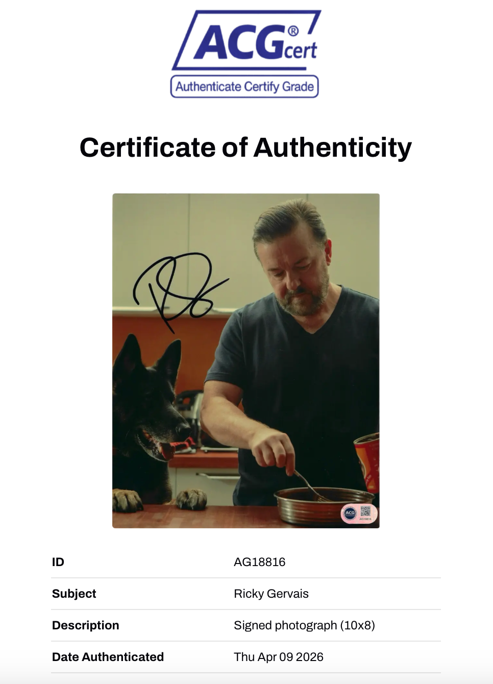 RICKY GERVAIS SIGNED AFTER LIFE 10x8 PHOTOGRAPH (ACG CERT AG18816)-2