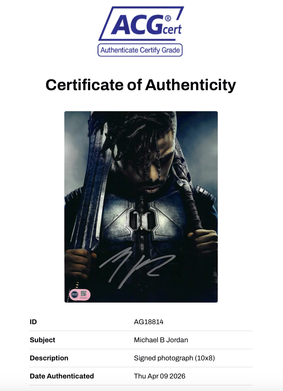 MICHAEL B JORDAN SIGNED BLACK PANTHER KILLMONGER 10X8 PHOTO (ACG CERT AG18814)-2