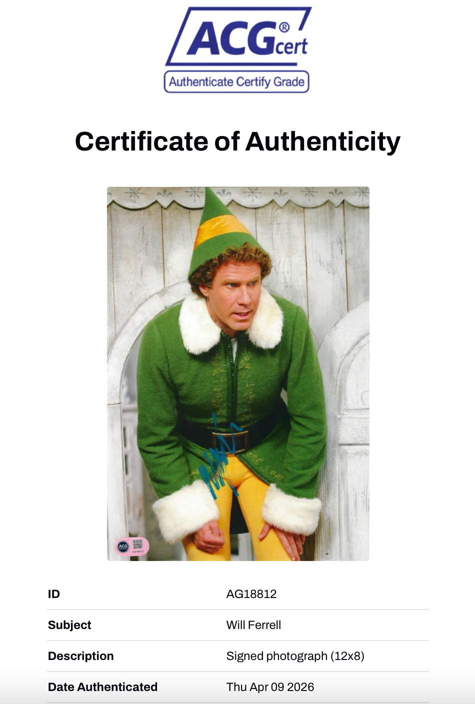 WILL FERRELL SIGNED ELF BUDDY SIGNED 12x8 PHOTO (ACG CERT AG18812)