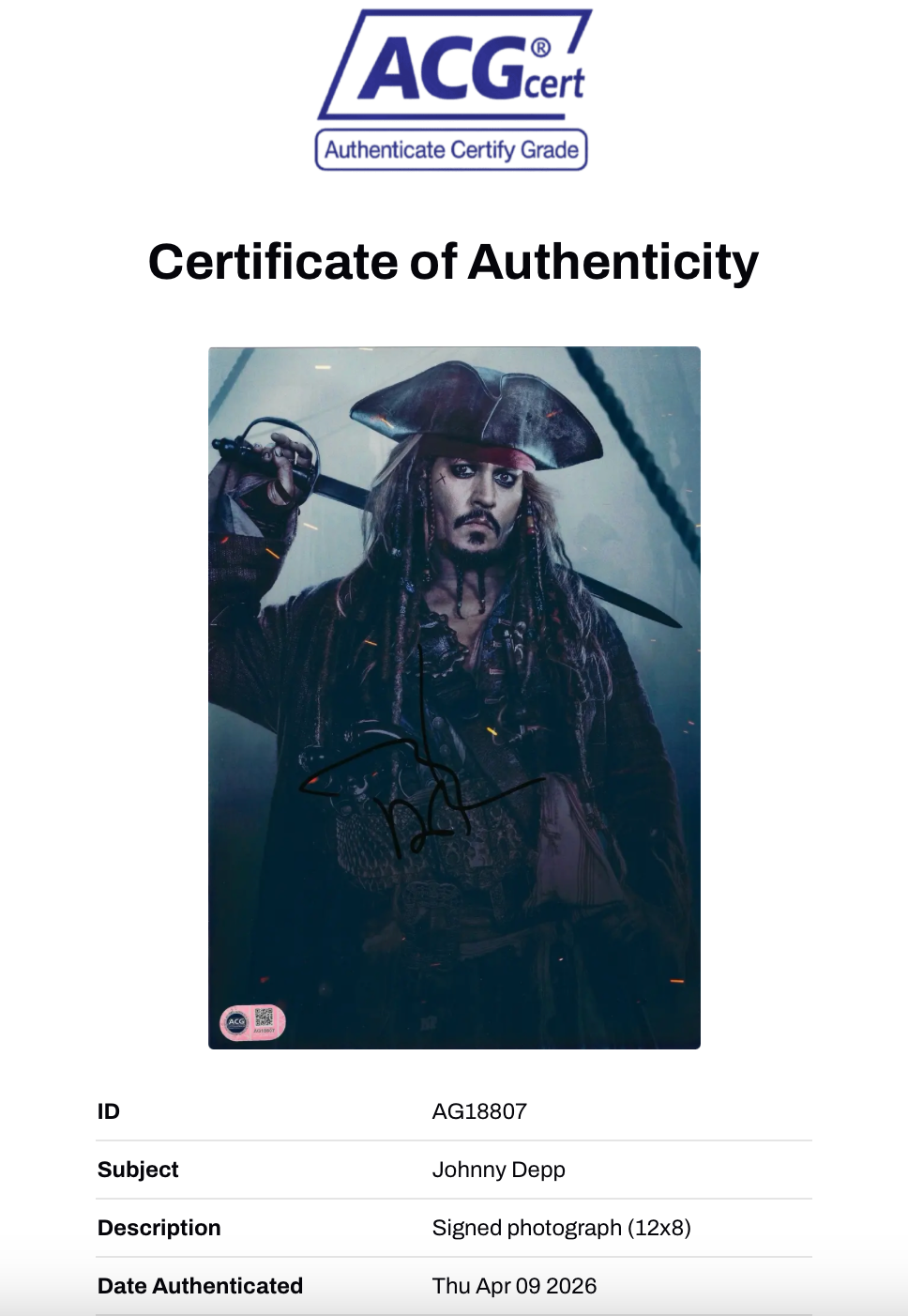 JOHNNY DEPP SIGNED PIRATES OF THE CARIBBEAN 12X8 PHOTO (ACG CERT AG18807)-2