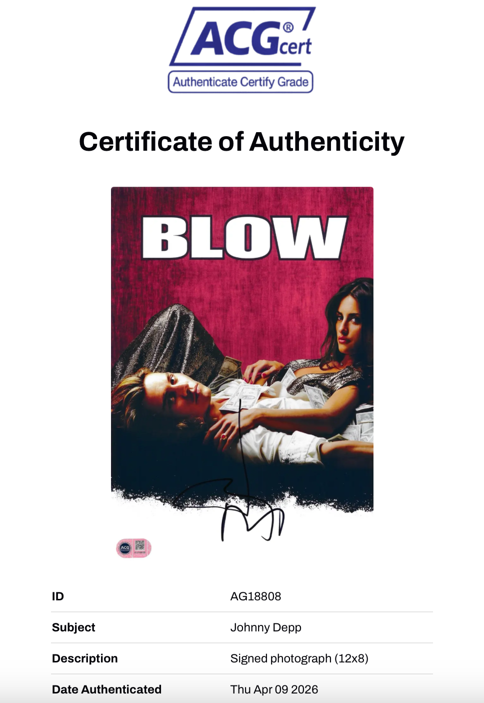 JOHNNY DEPP SIGNED GEORGE JUNG BLOW 12X8 PHOTO (ACG CERT AG18808)