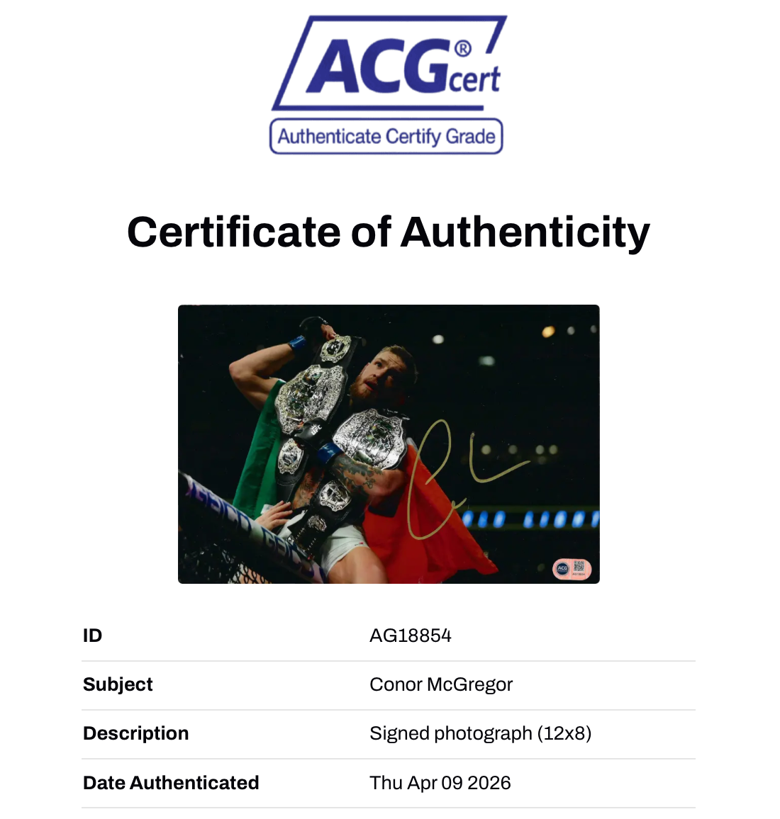 CONOR MCGREGOR SIGNED 12X8 PHOTOGRAPH UFC NOTORIOUS (ACG CERT AG18854)-2