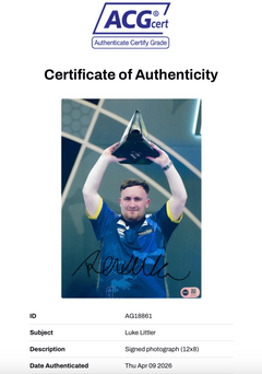 LUKE THE NUKE LITTLER SIGNED PREMIER LEAGUE CHAMPION 12x8 (ACG CERT AG18861)-2