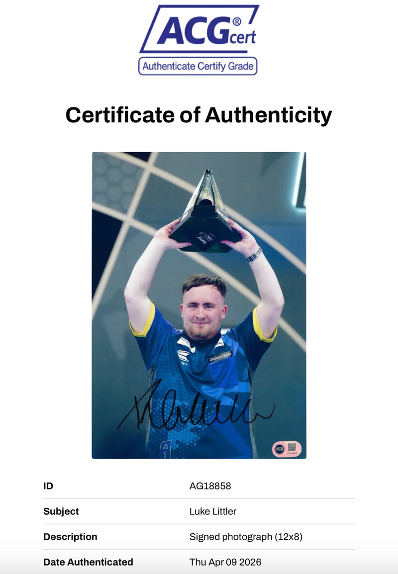 LUKE THE NUKE LITTLER SIGNED PREMIER LEAGUE CHAMPION 12x8 (ACG CERT AG18858)-2