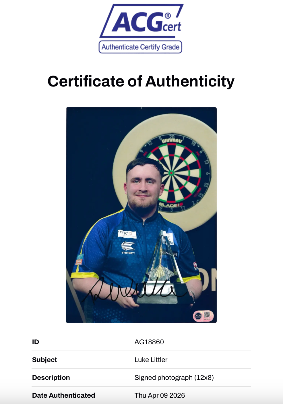 LUKE THE NUKE LITTLER SIGNED PREMIER LEAGUE CHAMPION 12x8 (ACG CERT AG18860)