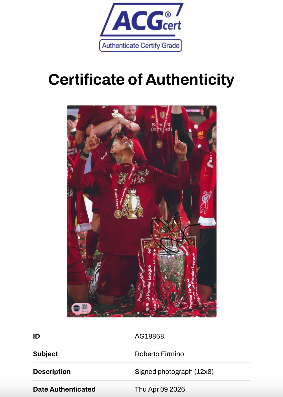 ROBERTO FIRMINO SIGNED LIVERPOOL PREM WINNERS 12X8 PHOTO (ACG CERT AG18868)