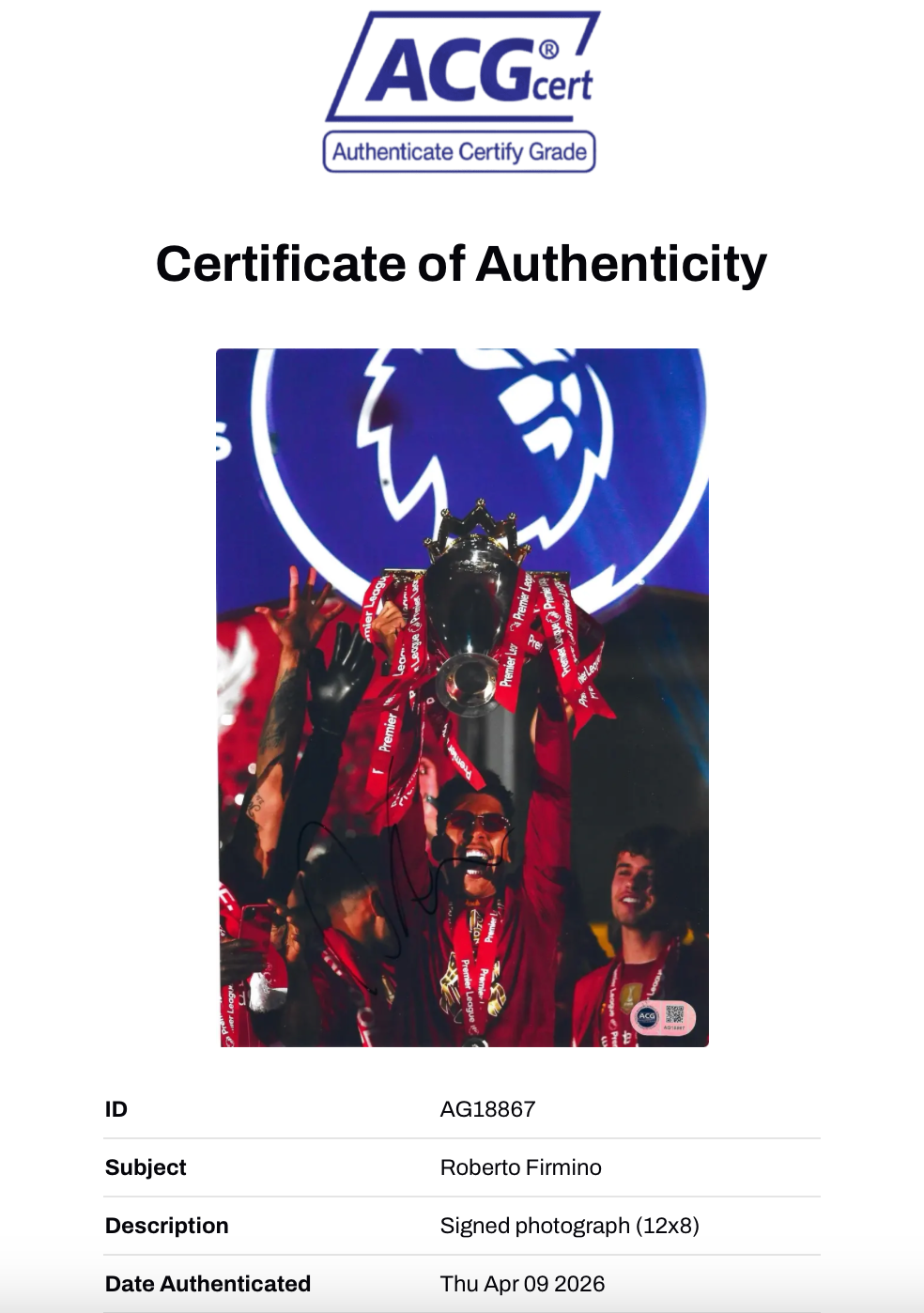 ROBERTO FIRMINO SIGNED LIVERPOOL PREM WINNERS 12X8 PHOTO (ACG CERT AG18867)