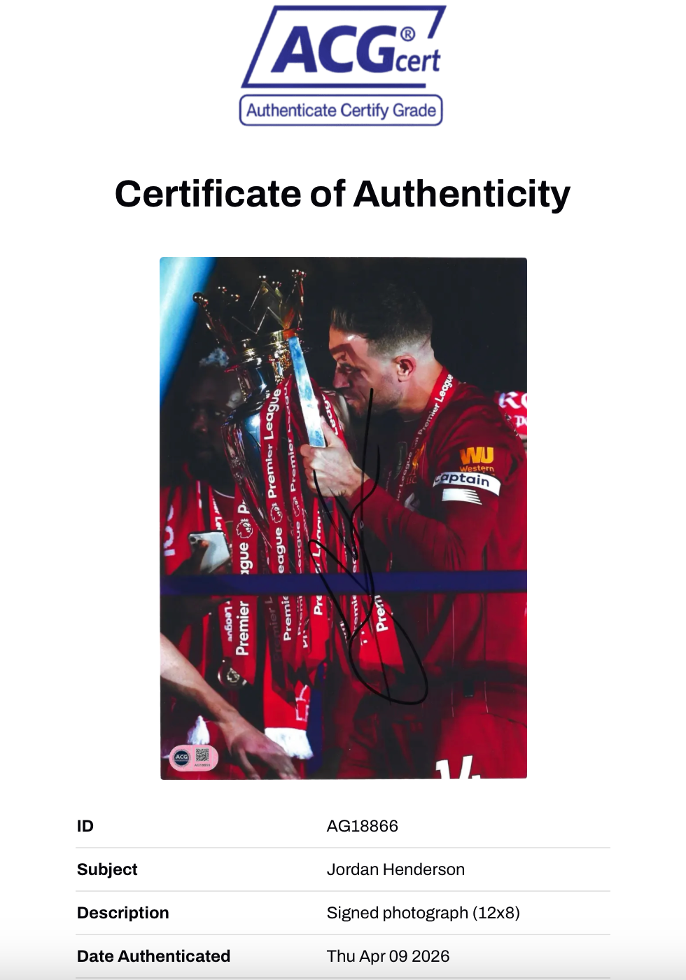 JORDAN HENDERSON SIGNED LIVERPOOL PREM WINNERS 12x8 PHOTO (ACG CERT AG18866)