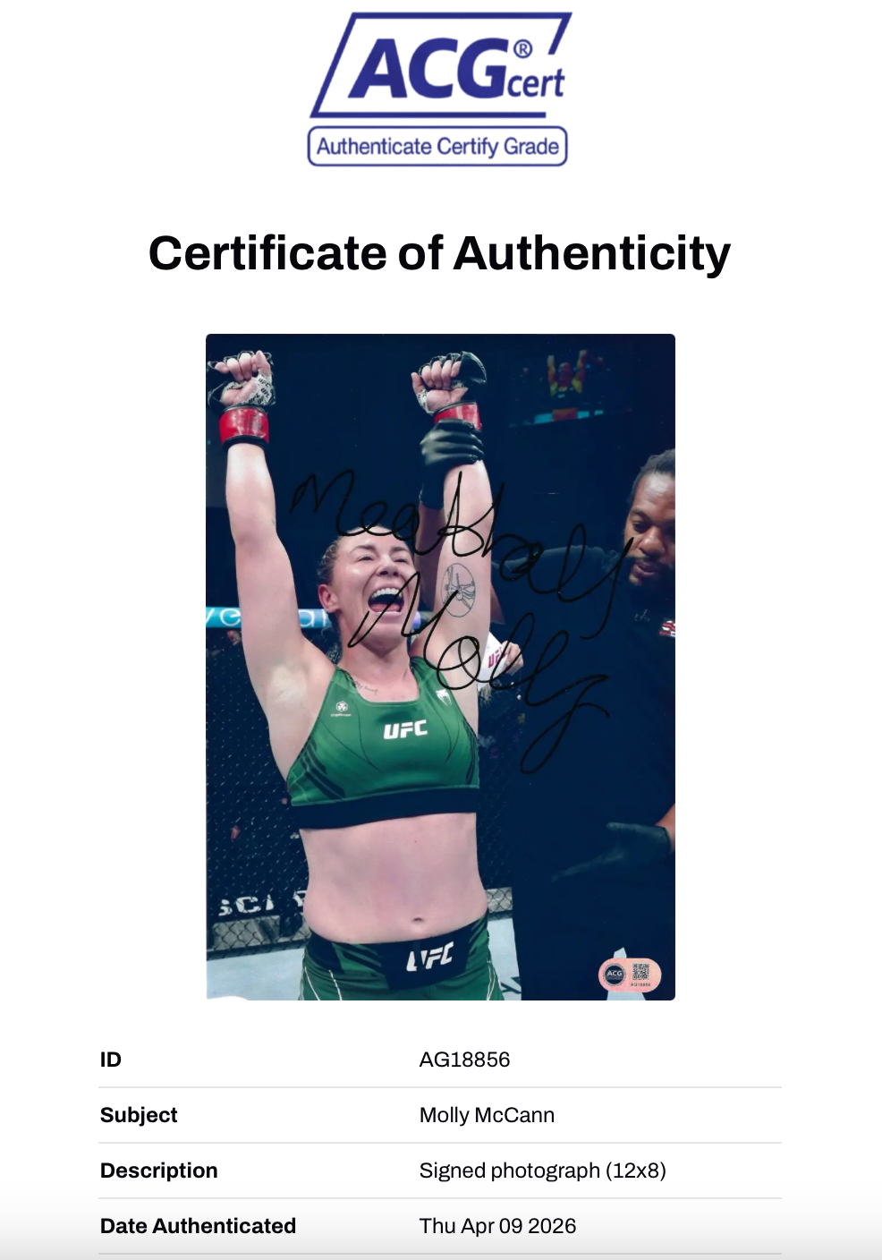 MEATBALL MOLLY MCCANN SIGNED 12X8 PHOTOGRAPH UFC (ACG CERT AG18856)