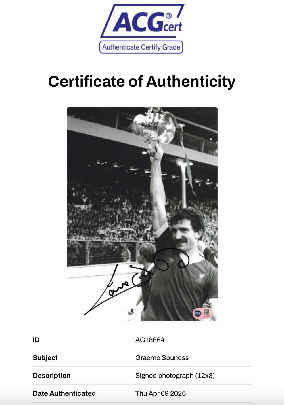 GRAEME SOUNESS SIGNED LIVERPOOL FC 12x8 PHOTOGRAPH (ACG CERT AG18864)