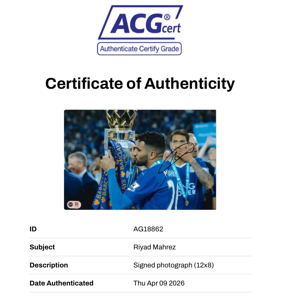 RIYAD MAHREZ SIGNED LEICESTER CITY PL CHAMPIONS 12X8 PHOTO (ACG CERT AG18862)