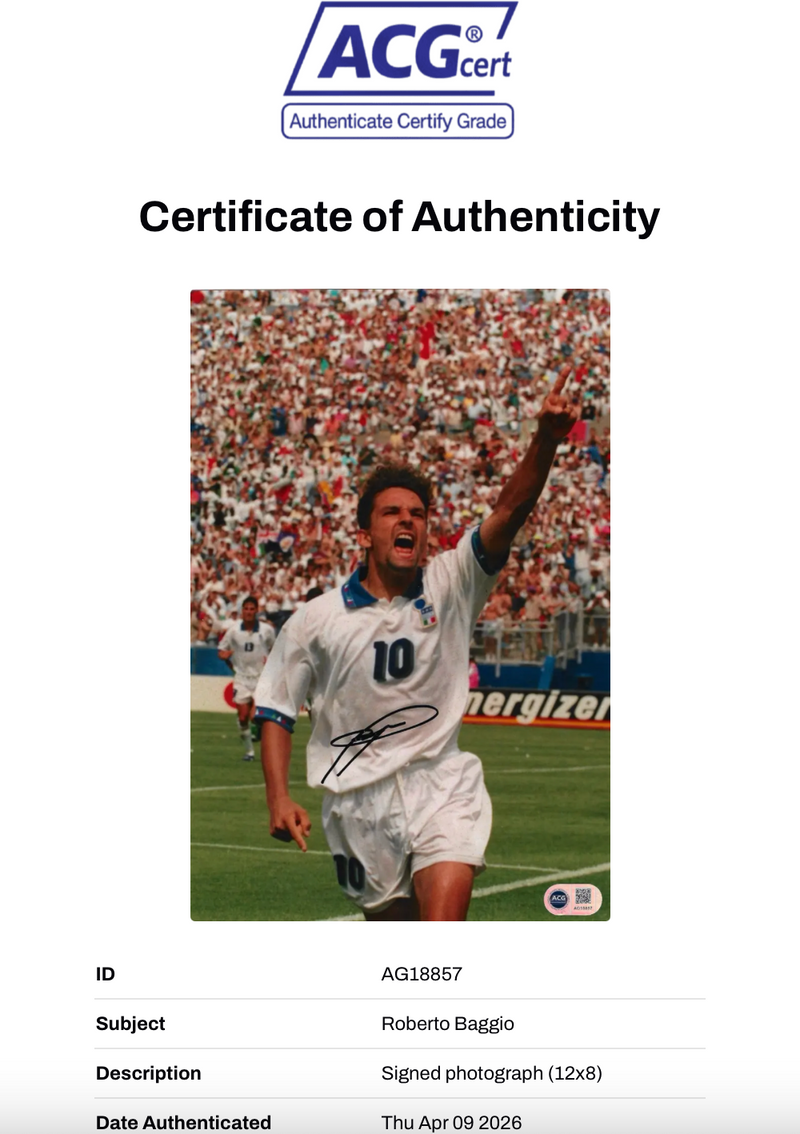 ROBERTO BAGGIO SIGNED 12x8 ITALY 94 LEGEND PHOTO (ACG CERT AG18857)-2