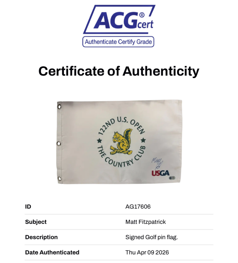 MATT FITZPATRICK SIGNED GOLF US OPEN 2022 WIN PIN FLAG (ACG CERT AG17606)-2