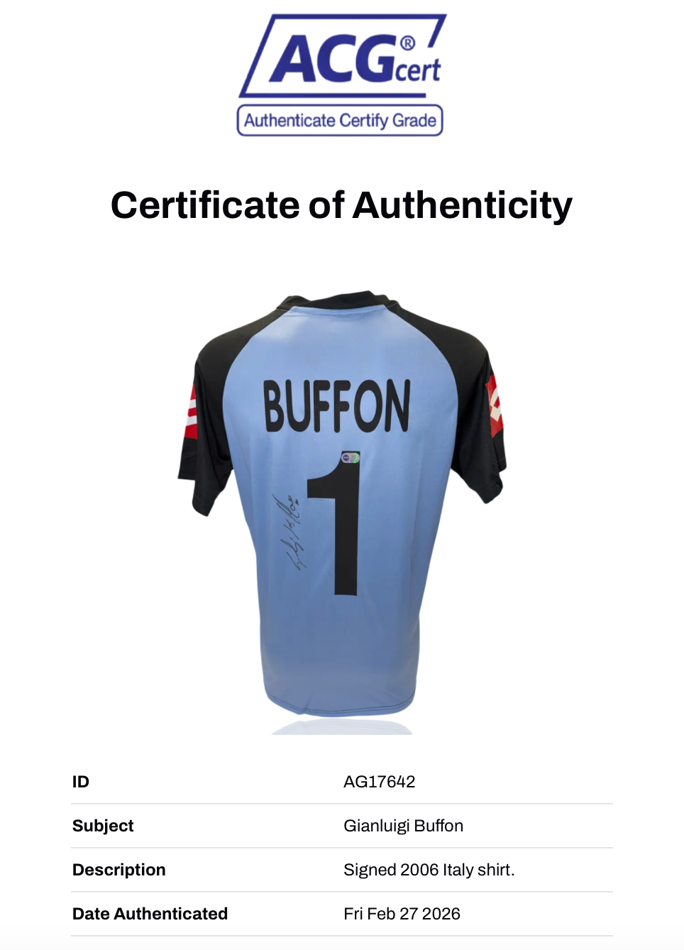 GIANLUIGI BUFFON SIGNED 2002/03 JUVENTUS GOALKEEPER SHIRT (ACG CERT AG17642)