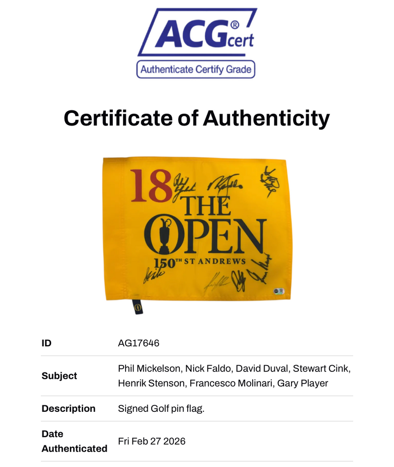 THE OPEN SIGNED 150TH ANNIVERSARY FLAG 7 WINNERS PLAYER FALDO CINK DUVAL (ACG CERT AG17646)-2