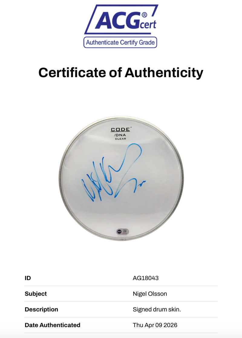 NIGEL OLSSON THE ELTON JOHN BAND SIGNED 12" DRUMSKIN (ACG CERT AG18043)-2