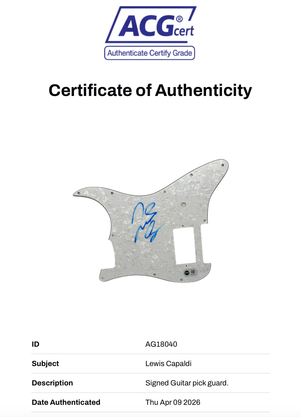 LEWIS CAPALDI SIGNED GUITAR PICK GUARD (ACG CERT AG18040)-2