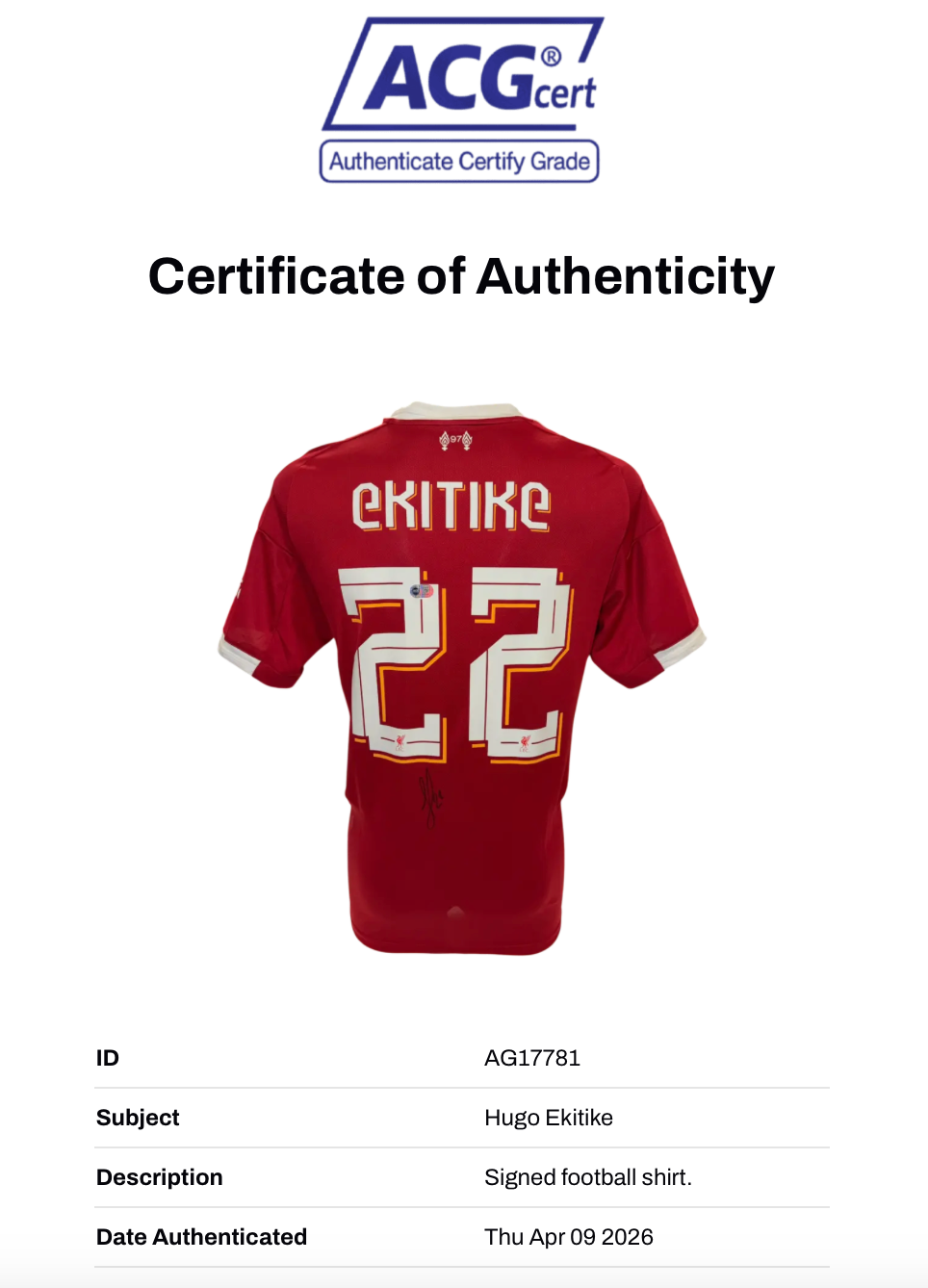 HUGO EKITIKE SIGNED 2025/26 LIVERPOOL FC HOME CUP SHIRT (ACG CERT AG17781)