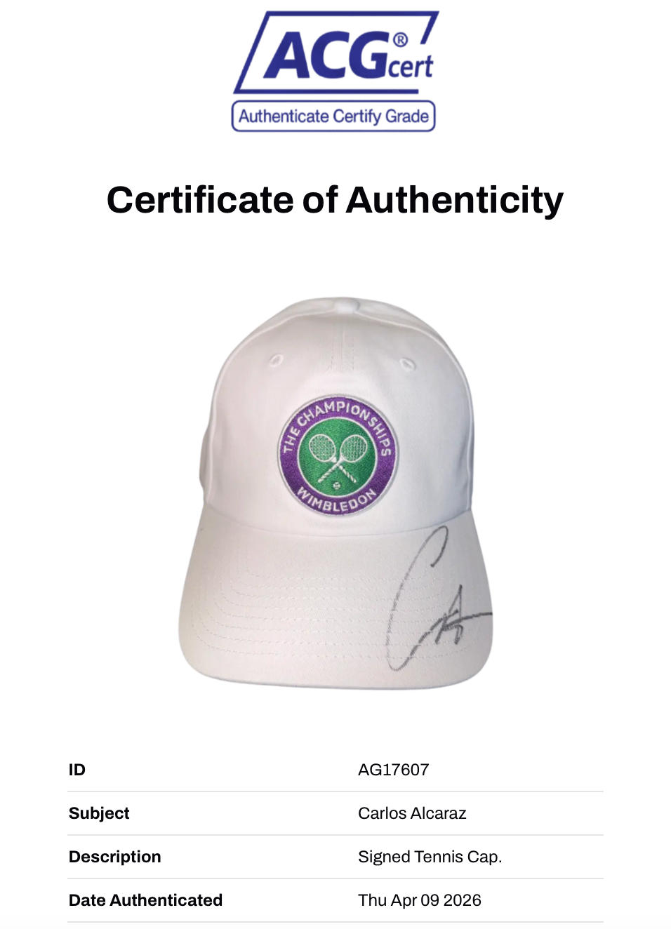 CARLOS ALCARAZ SIGNED WHITE WIMBLEDON CHAMPION TENNIS CAP (ACG CERT AG17607)