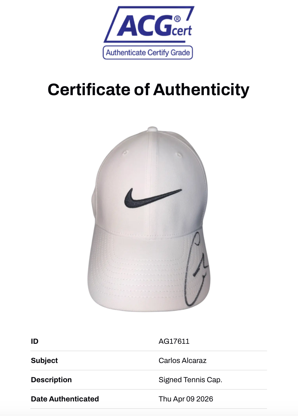 CARLOS ALCARAZ SIGNED WHITE NIKE TENNIS CAP WIMBLEDON (ACG CERT AG17611)