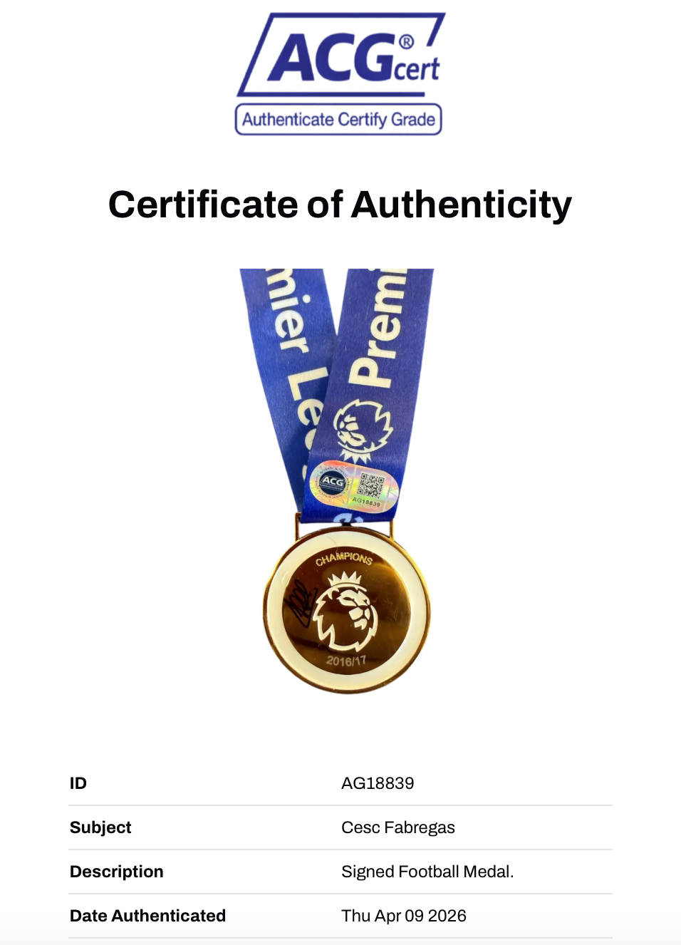 CESC FABREGAS SIGNED CHELSEA 16/17 LEAGUE WINNERS MEDAL (ACG CERT AG18839)
