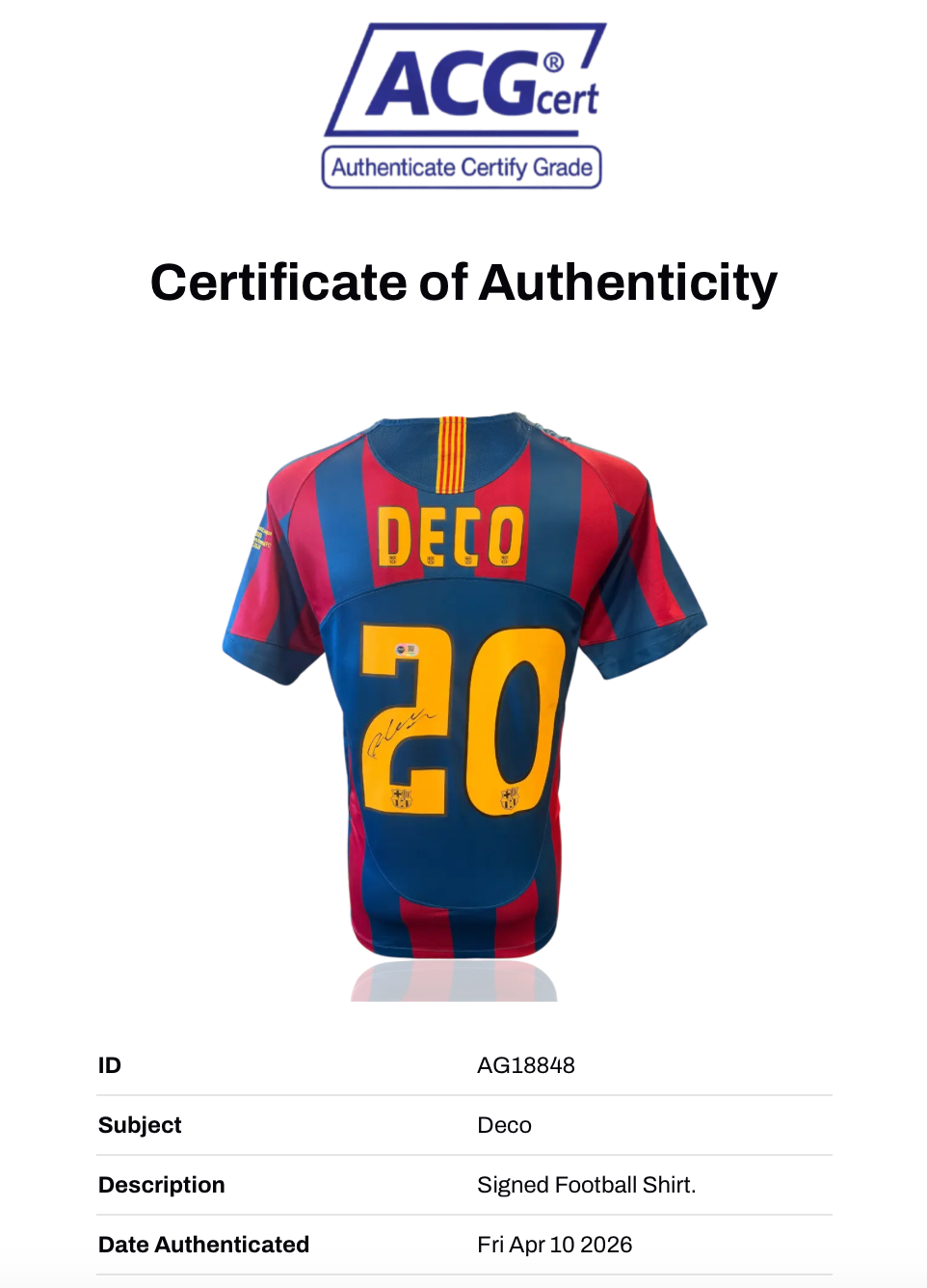 DECO SIGNED FC BARCELONA 2005/06 HOME UCL SHIRT (ACG CERT AG18848)-2
