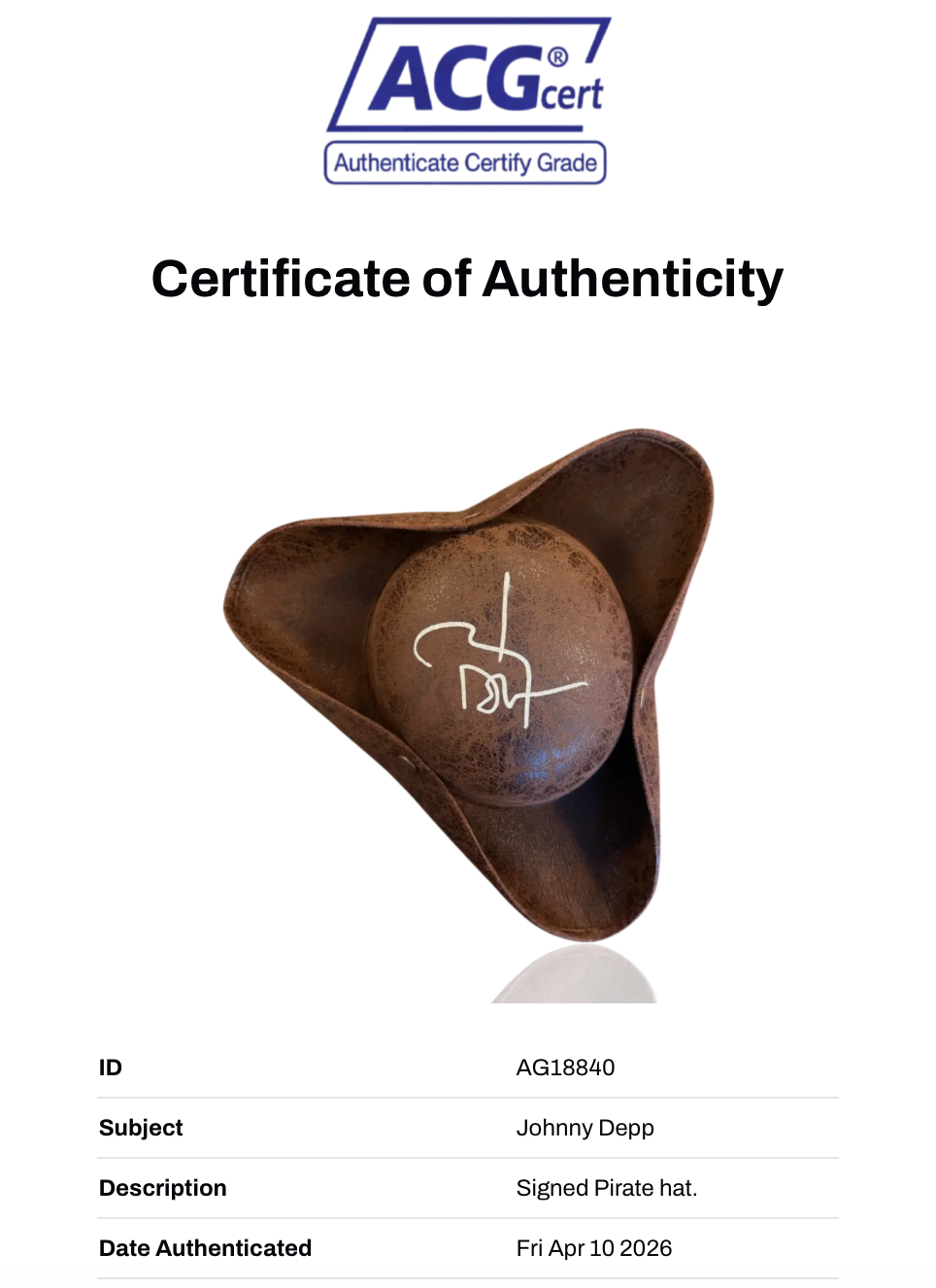 JOHNNY DEPP SIGNED PIRATES OF THE CARIBBEAN PIRATE HAT (ACG CERT AG18840)-2