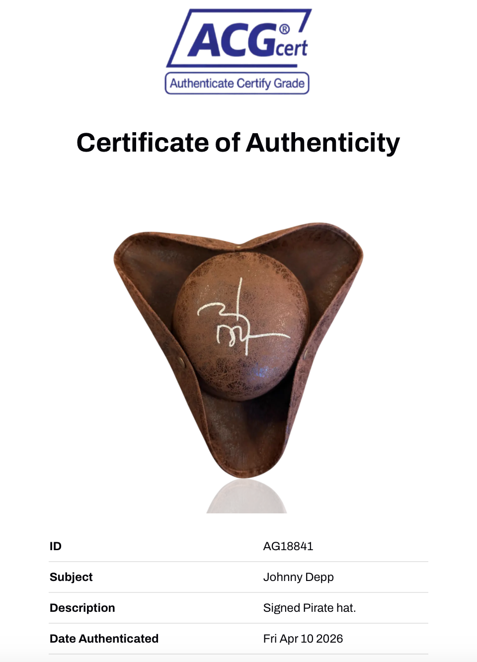 JOHNNY DEPP SIGNED PIRATES OF THE CARIBBEAN PIRATE HAT (ACG CERT AG18841)-2