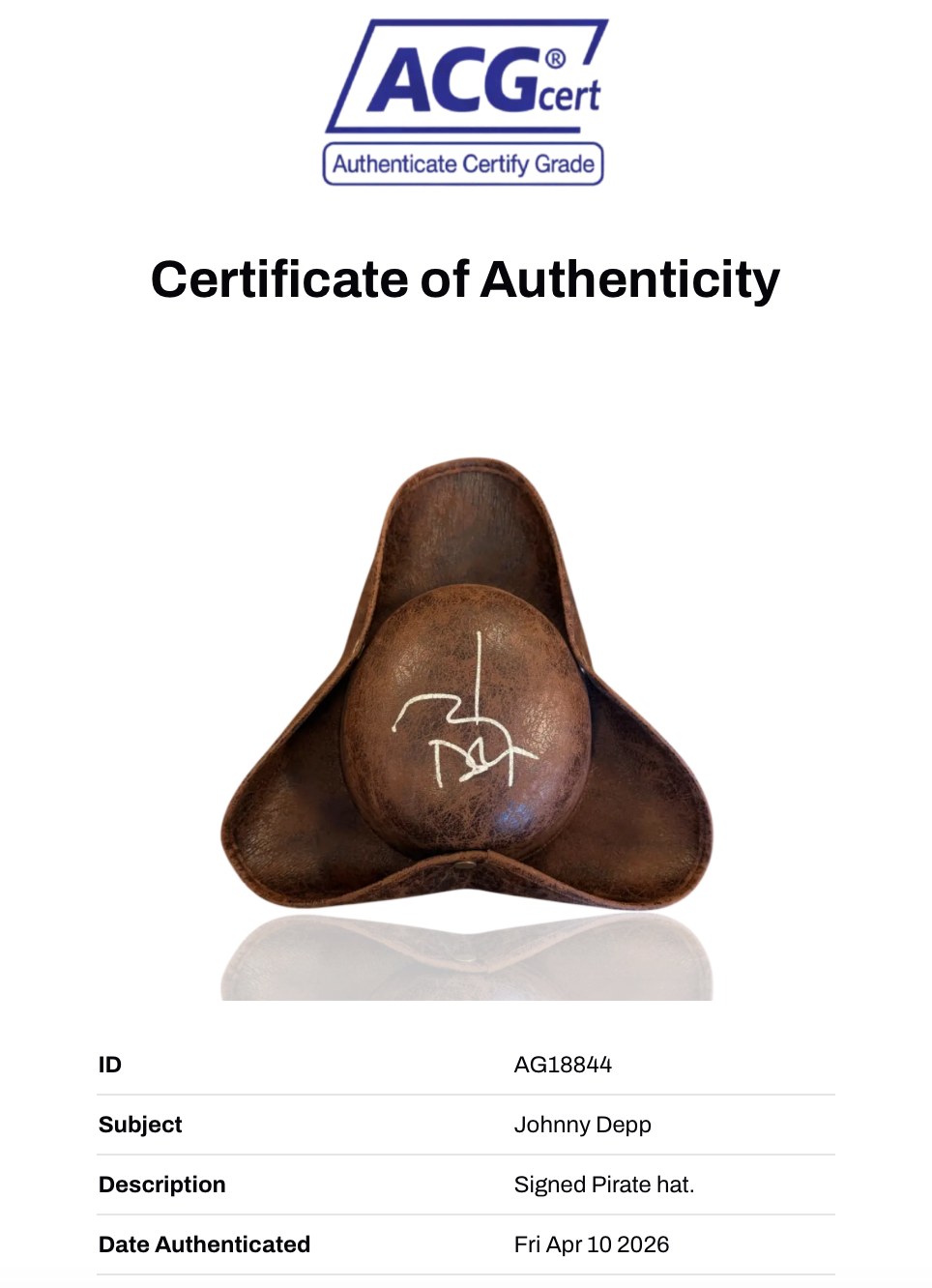JOHNNY DEPP SIGNED PIRATES OF THE CARIBBEAN PIRATE HAT (ACG CERT AG18844)-2