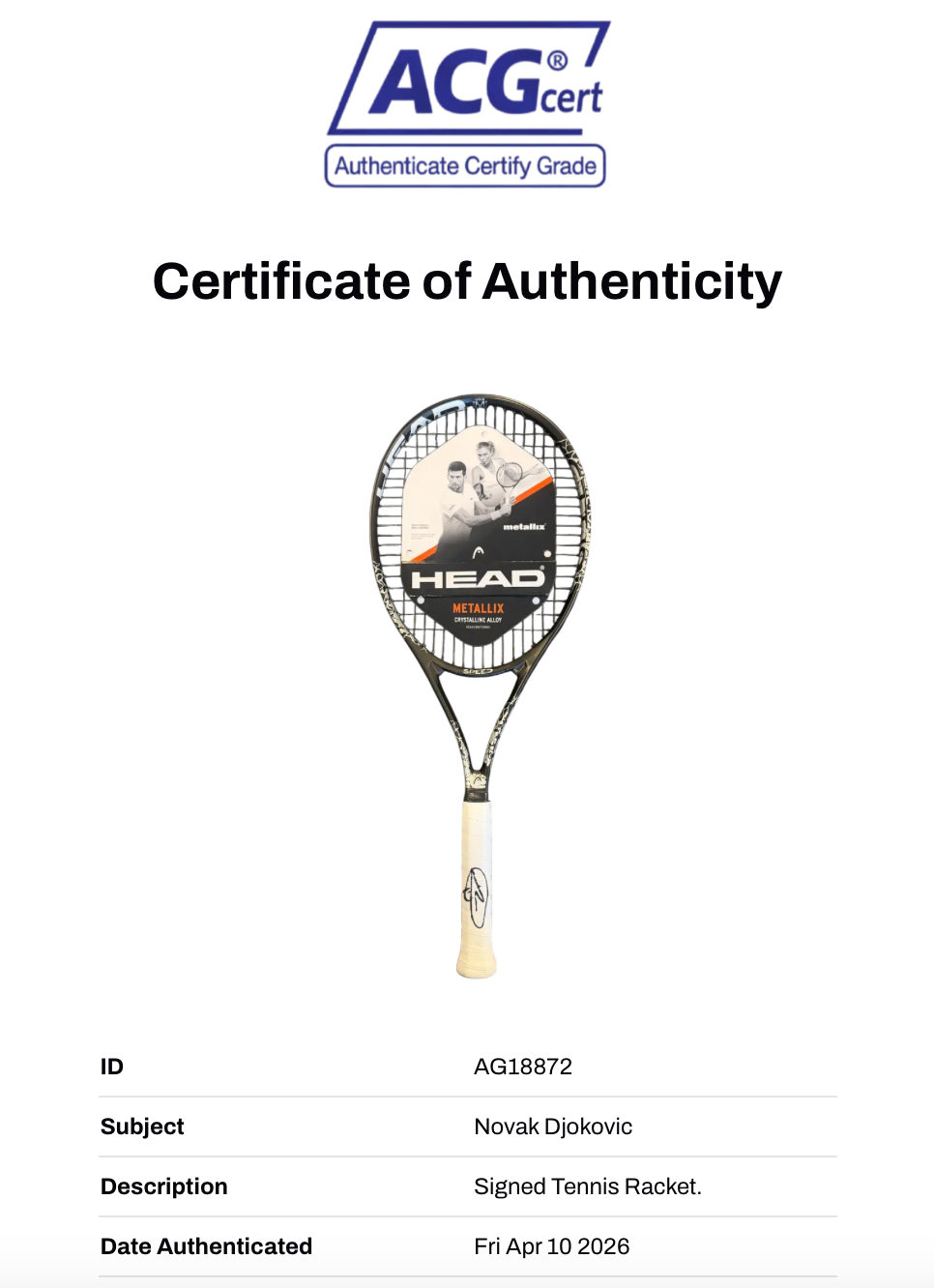 NOVAK DJOKOVIC SIGNED HEAD METALLIX TENNIS RACKET WIMBLEDON (ACG CERT AG18872)