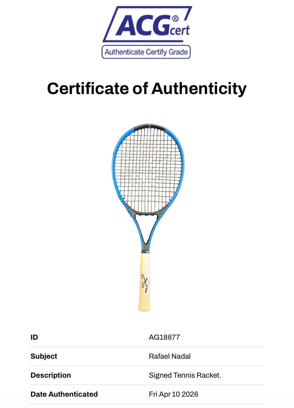 RAFAEL NADAL SIGNED ARTENGO TENNIS RACKET WIMBLEDON LEGEND (ACG CERT AG18877)-2