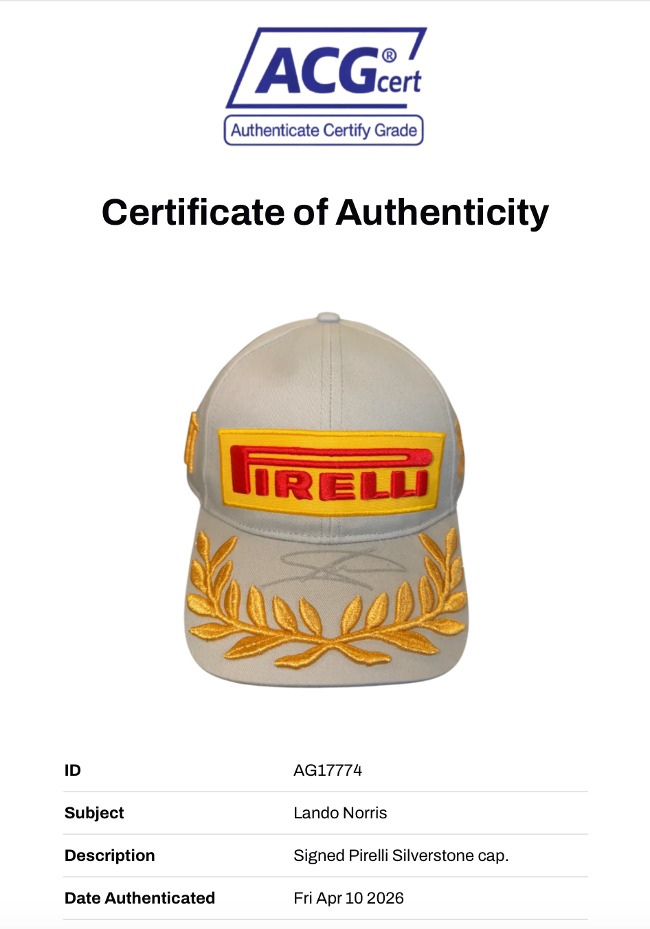 LANDO NORRIS SIGNED SILVERSTONE 2025 PIRELLI FORMULA 1 CAP (ACG CERT AG17774)-2